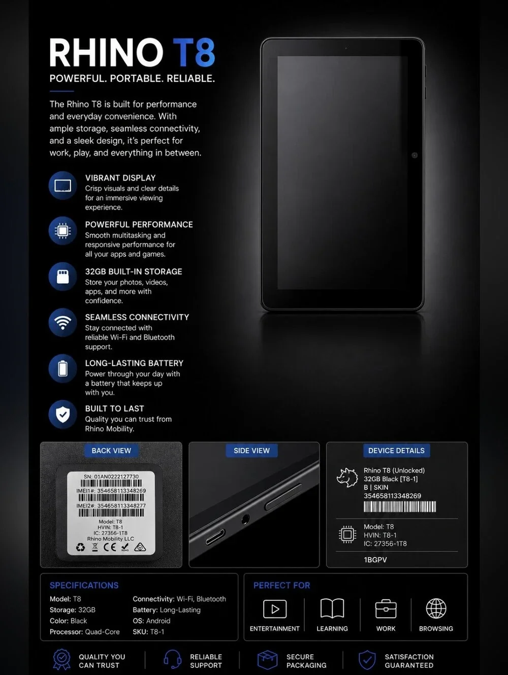 Rhino T8 32GB Tablet — Black